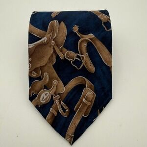Roper Mens Silk Necktie Navy Blue Western Equestrian Saddle Spurs Print Tie EUC